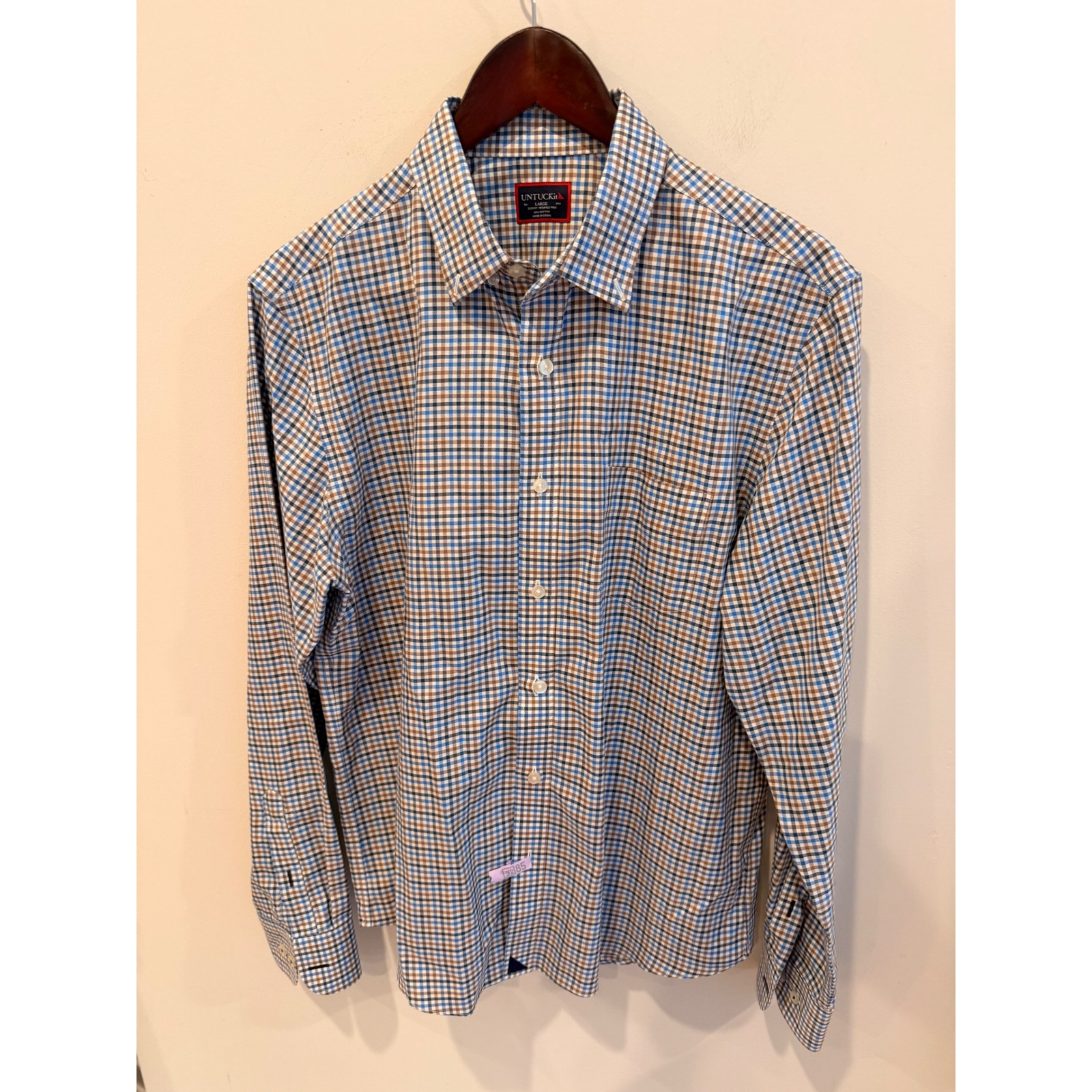 Untuckit Masseto Slim Fit Wrinkle Free Cotton Check Shirt Mens Large Blue Brown